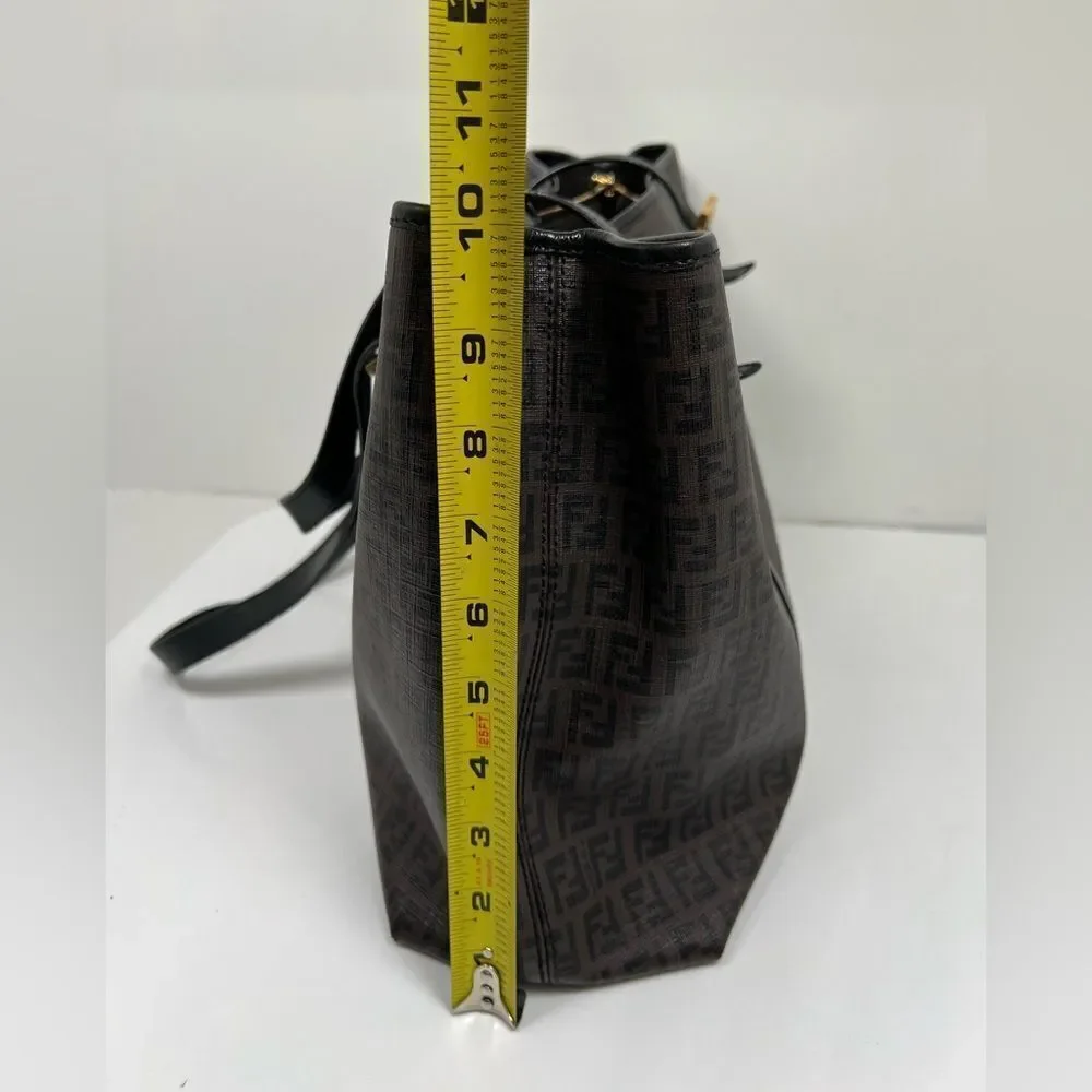 Auth FENDI Zucchino Tote Shoulder Bag Brown Black PVC Leather